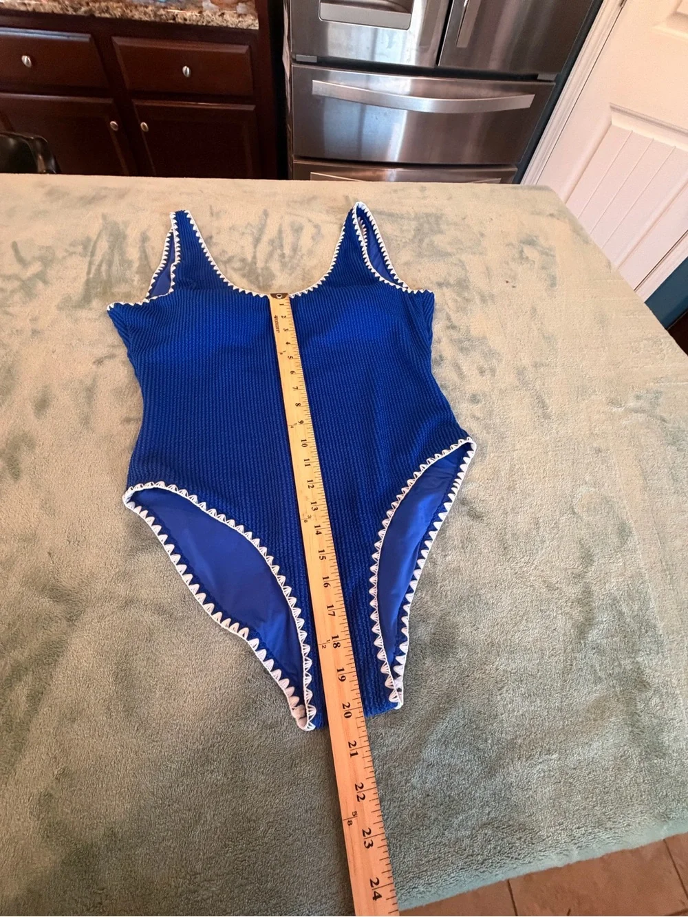 Betsey Johnson Women XL Blue One Piece Swimsuit White Crochet Trim UPF 50+